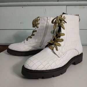 White Croc-Embossed Lace-Up Boots
